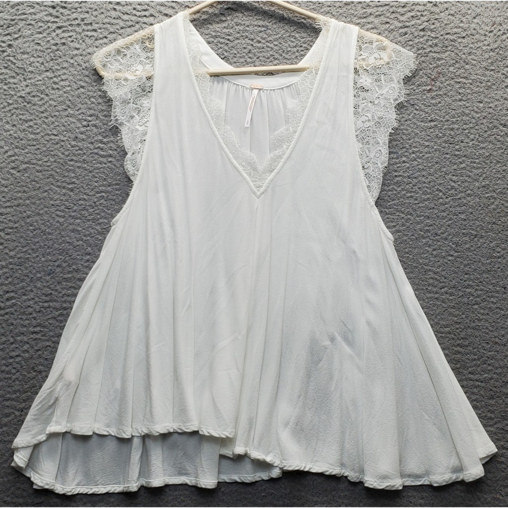 Free People Swing Blouse Top Womens Small White Lace Trim Cap Sleeve Deep V-Neck